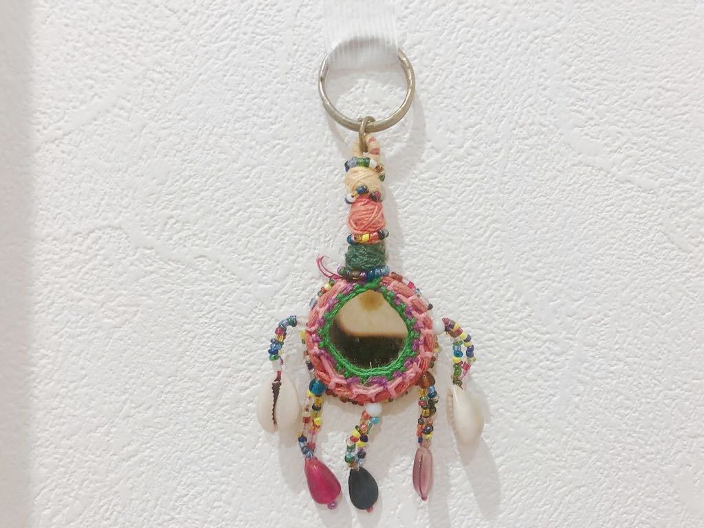  Asian miscellaneous goods key holder mirror shell beads pink strap hand made 