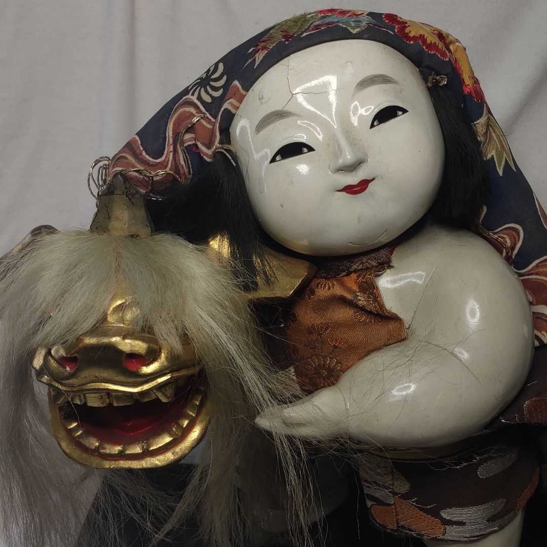 加賀人形 獅子舞 和骨董 アンティーク 桐箱 旧家蔵出し 台付 送料無料