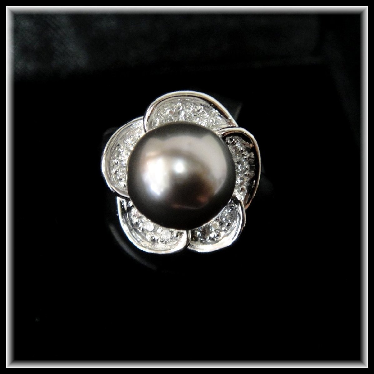 2211T【本物保証】 PT900 ブラックパール 珠 ダイヤ0.15ct リング 指輪 