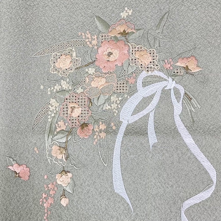 着物さと正絹ちりめん汕頭刺繍風ドロンワーク刺繍抹茶花束リボンブーケ