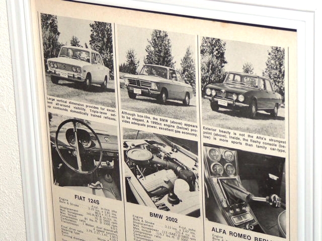 1970年 USA 70s 洋書雑誌記事 スペック 額装品 Fiat 124S BMW 2002 Alfa Romeo Berlina (A4size) /検索用 店舗 ガレージ ディスプレイ 看板_画像2