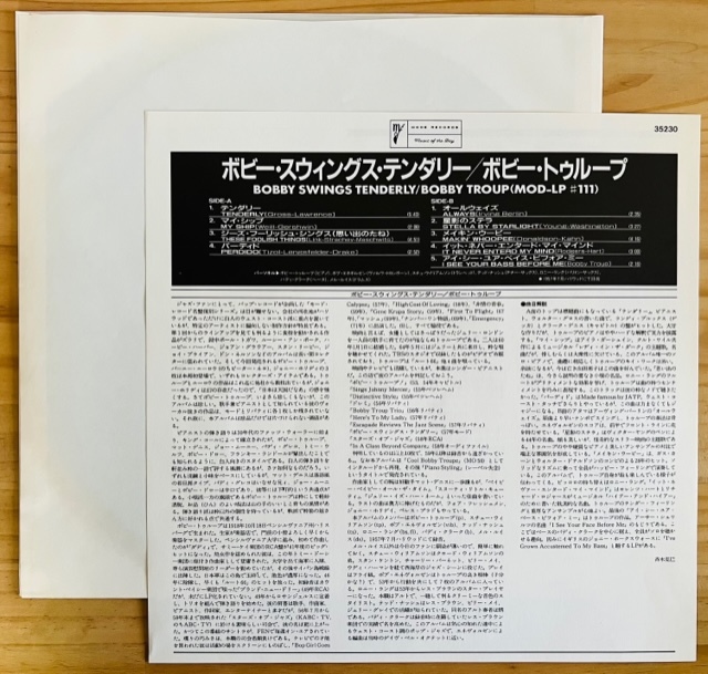 LP■JAZZ/BOBBY TROUP/BOBBY SWINGS TENDERLY/MODE MOD LP 111/35230/国内89年PRESS MONO 180gHEAVY VINYL OBI/帯 極美盤/ボビートゥループ_画像3