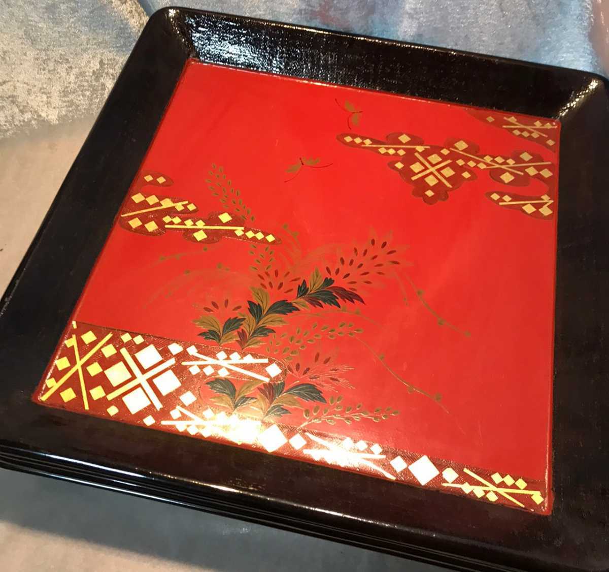 【漆器・蒔絵】大内塗の角膳5枚セット 金蒔絵 花草文 蝶文 岩手県 お盆 ディスプレイ用品 インテリア用品 骨董品 アンティーク