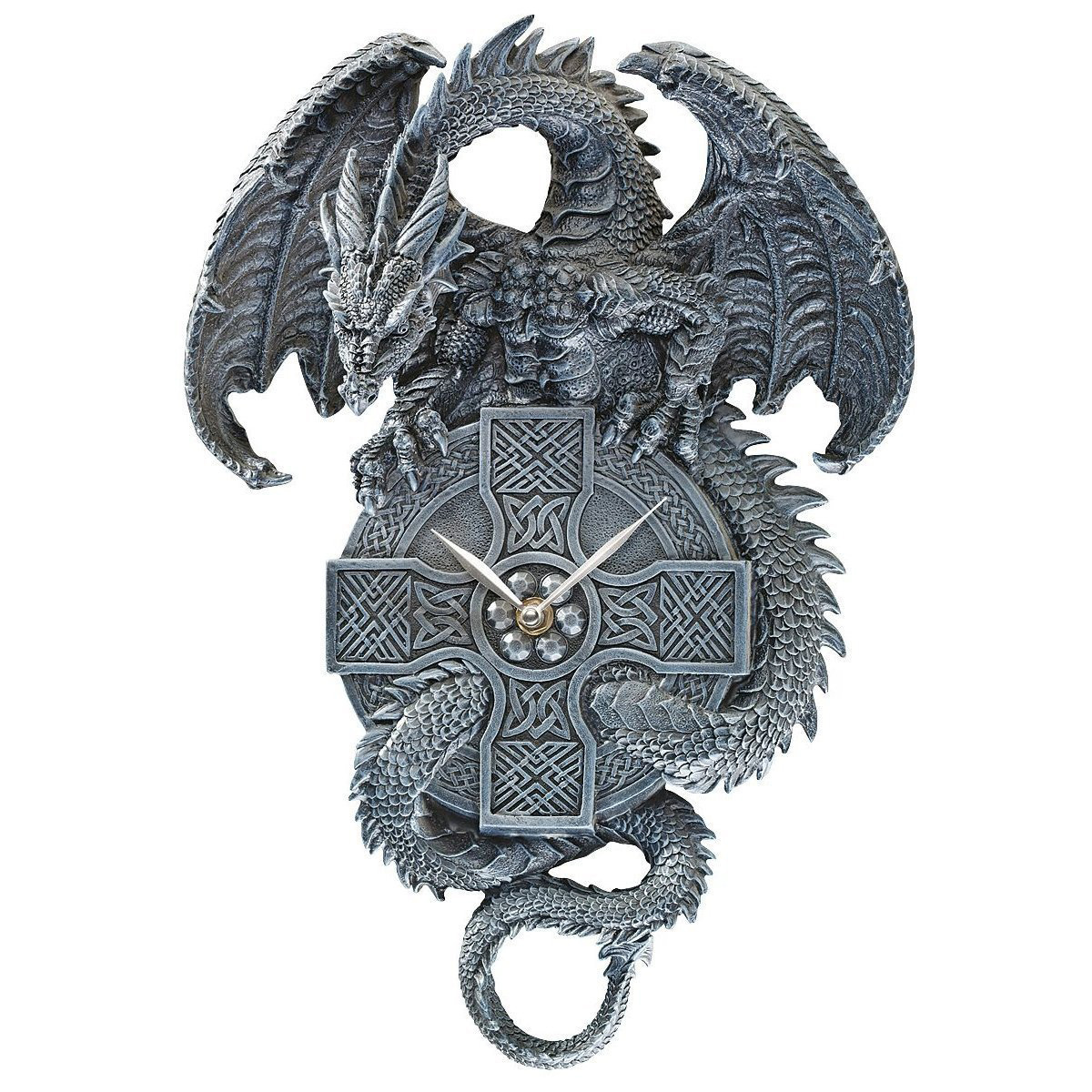 ドラゴンと十字架 ケルトクロスの彫刻装飾時計 彫像/ファンタジー アーサー王と円卓に騎士(輸入品
