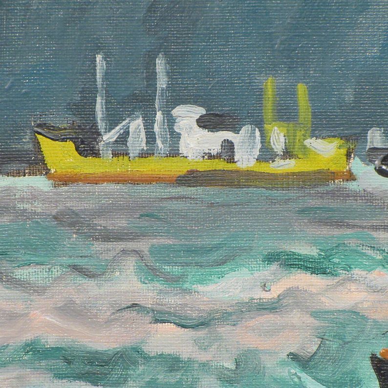 日本買付 石川寅治　「馬関海峡」　額装８号　活気漲る海の要衝に浮かぶ、船舶の数数を、風景画の名手が、朗朗と謳い上げた、文句なしの名画です