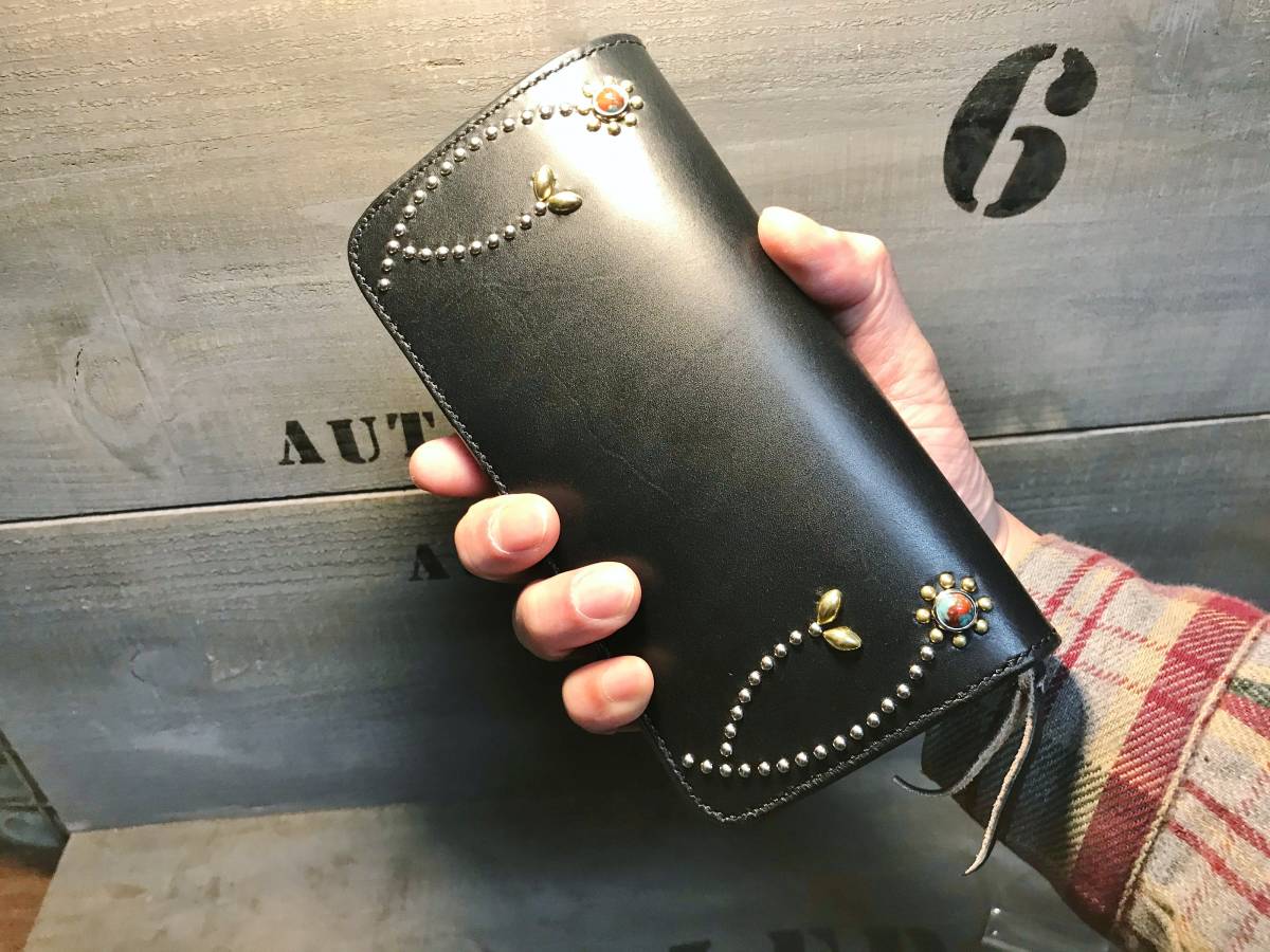 スタッズウォレット サドルレザー 革財布 手縫い レザーウォレット ロングウォレット レザークラフト 革小物 長財布 新品未使用品 即決_画像9