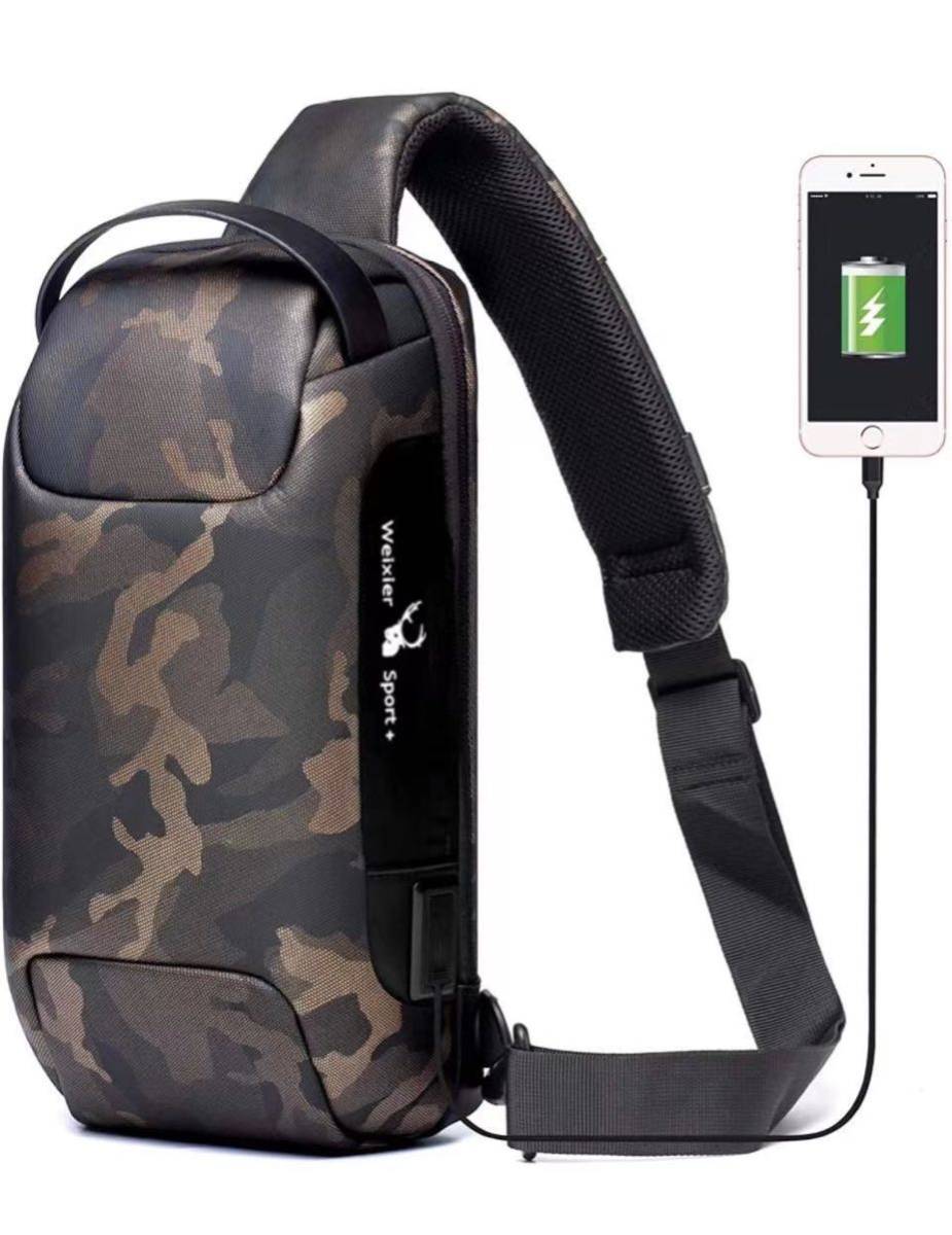 ワンショルダーバッグ ボディバッグ USBポート 付き防水 ショルダーバッグ 大容量 かっこいいバッグ バッグ素材メッシュ　斜めかけ迷彩柄