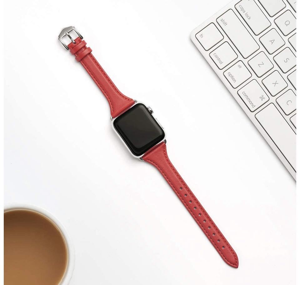 Apple Watch アップルウォッチ バンド　革ベルト　レザーベルトレディース　スリム型　42/44/45/49mm シリーズ2345678SE対応 赤