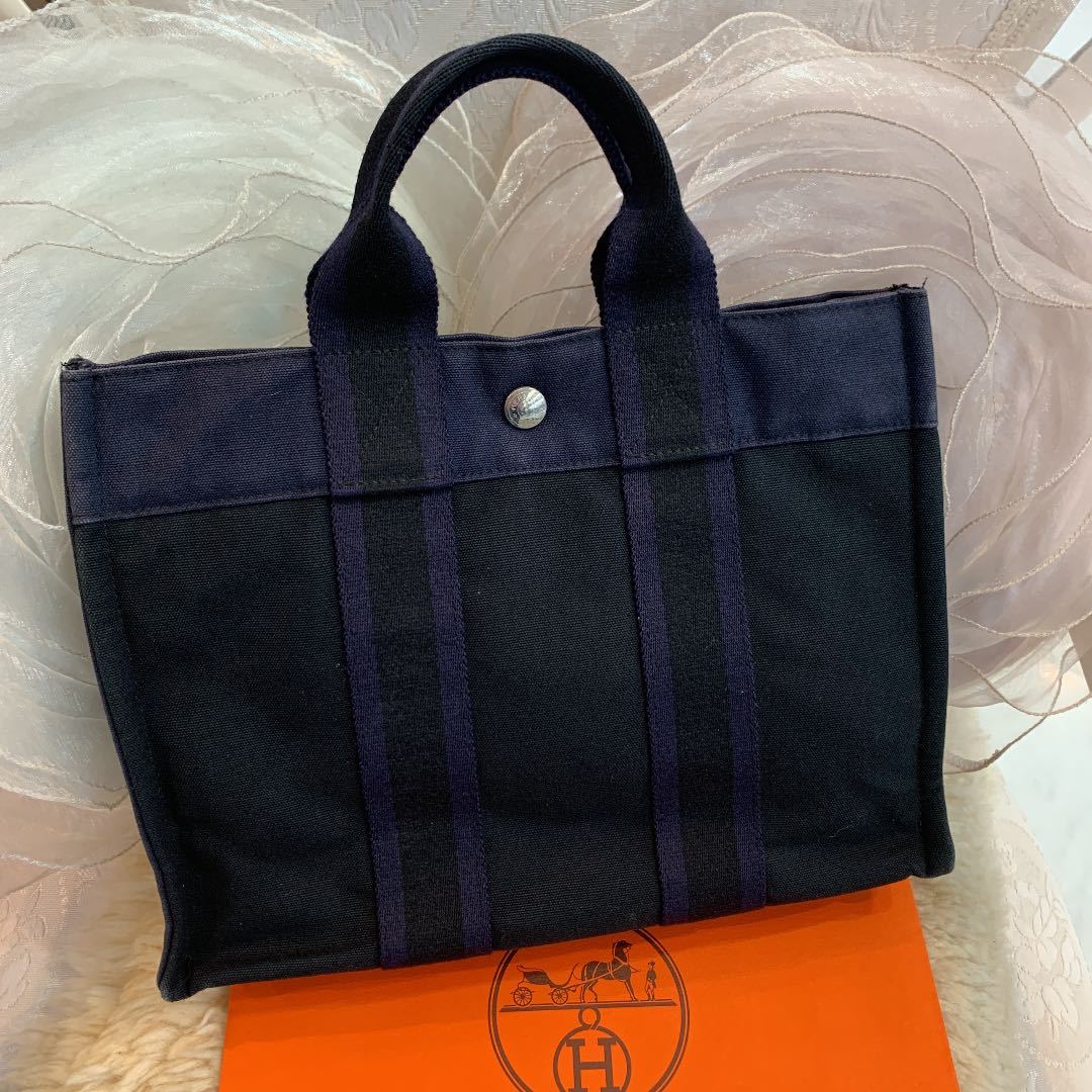 HERMES エルメス フールトゥPM スモールトートバッグ 黒xネイビー