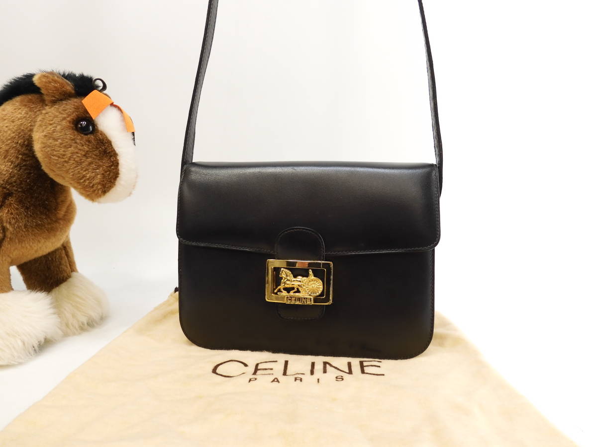 Celine Pochette Винтажная Карета Фурнитура Кожа Черный Кроссбоди Сумка @ 1