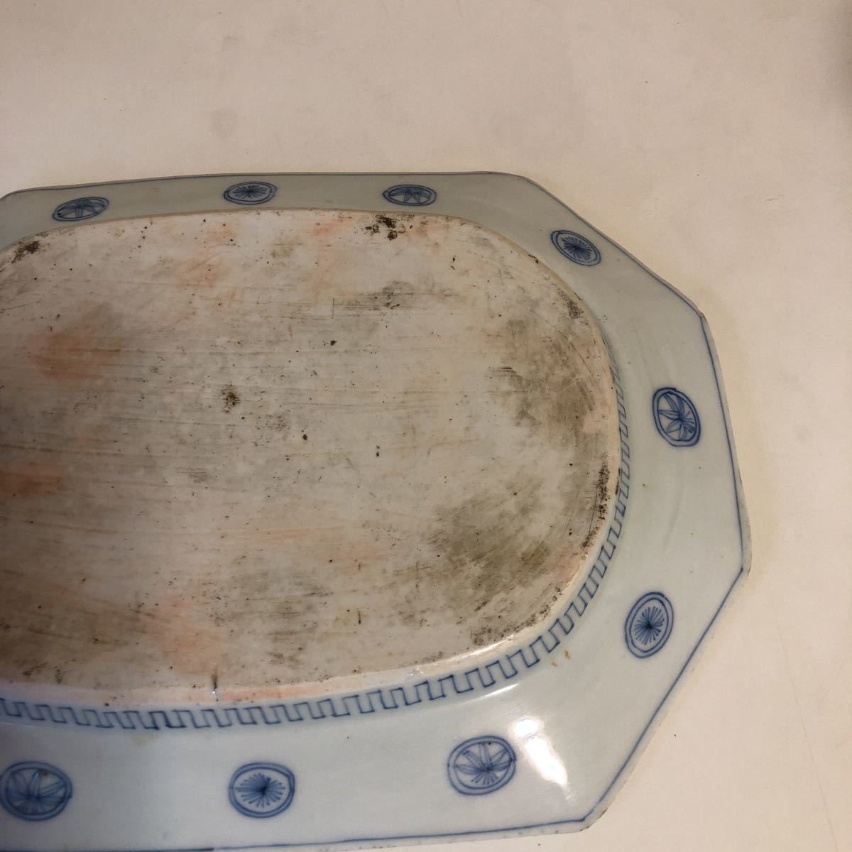 中国 清時代 八角皿 染付 山水図 長皿 時代物 唐物 骨董品 美品 茶道具