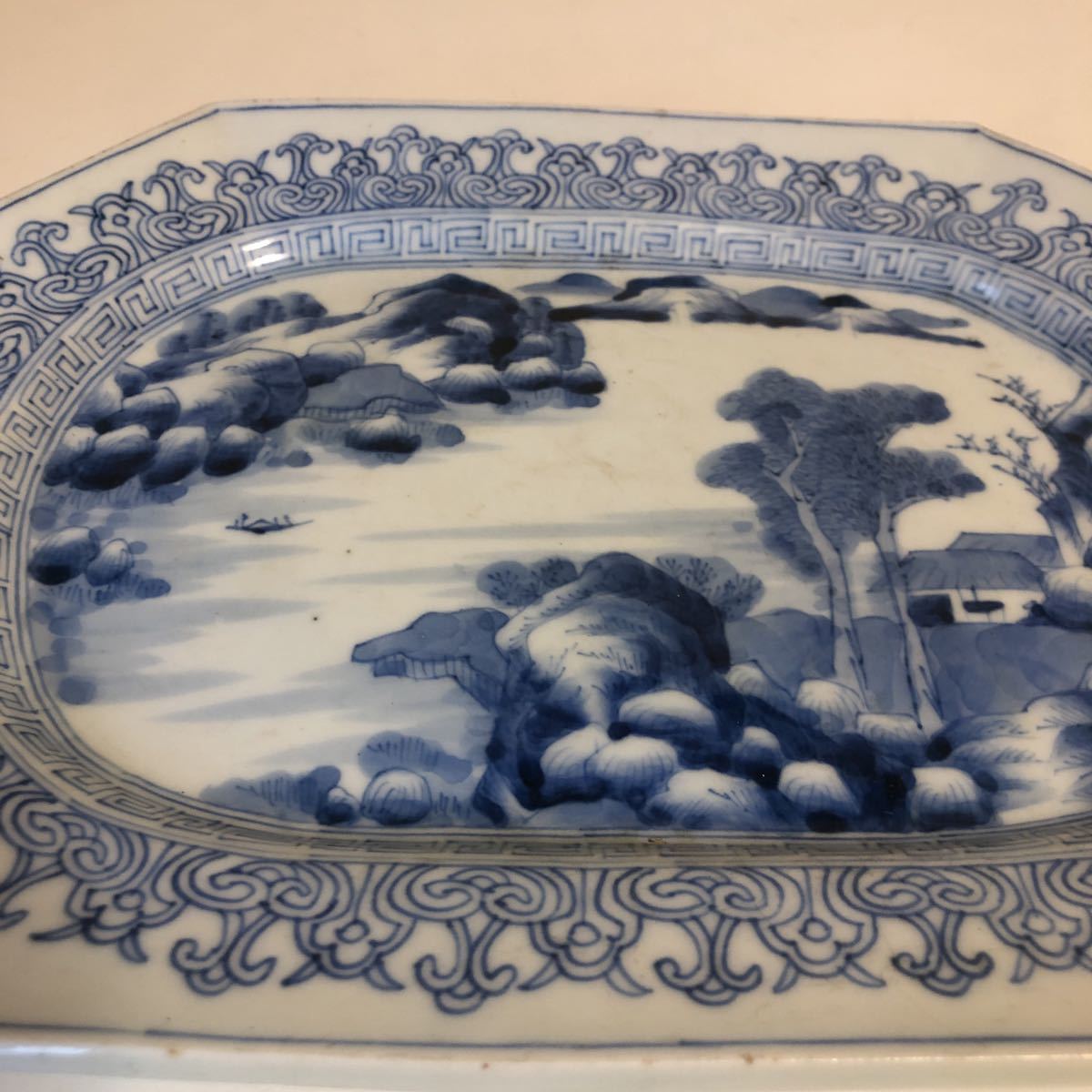 中国 清時代 八角皿 染付 山水図 長皿 時代物 唐物 骨董品 美品 茶道具