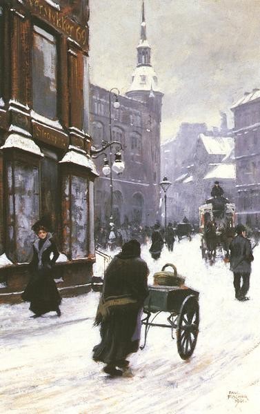 油絵 Paul Gustave Fischer_ コペンハーゲンの冬の街角 MA886