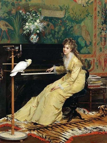 油絵 Gustave-Leonard de Jonghe_ オウムとピアノと婦人 ma2110