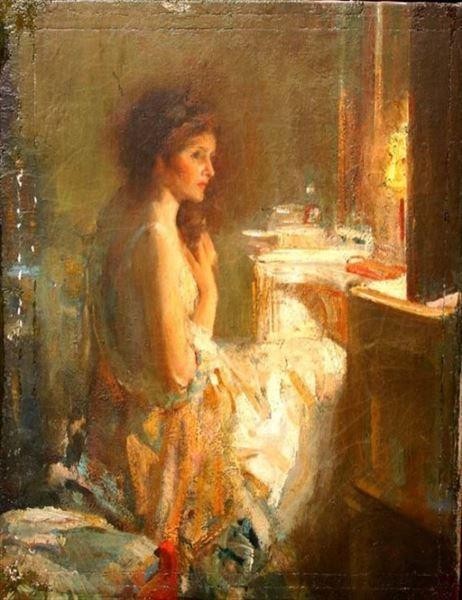 油絵 Richard E. Miller_化粧鏡前の女 ma2352