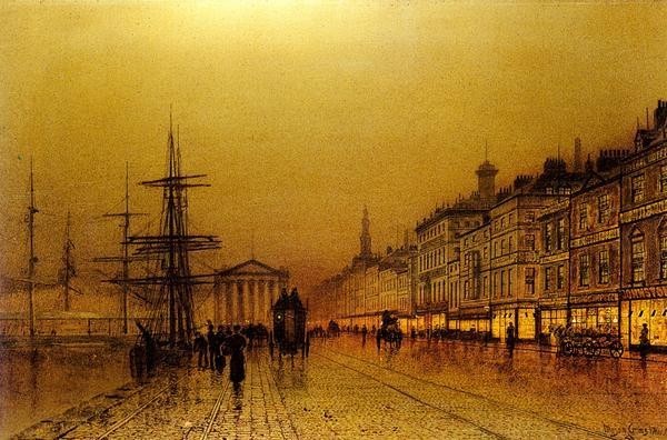 油絵 John Atkinson Grimshawの名作_グリーンノックの波止場 MA687