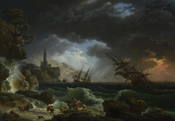 油絵 クロード・ジョセフ・ヴェルネの名作_嵐の海の難破船 MA3052