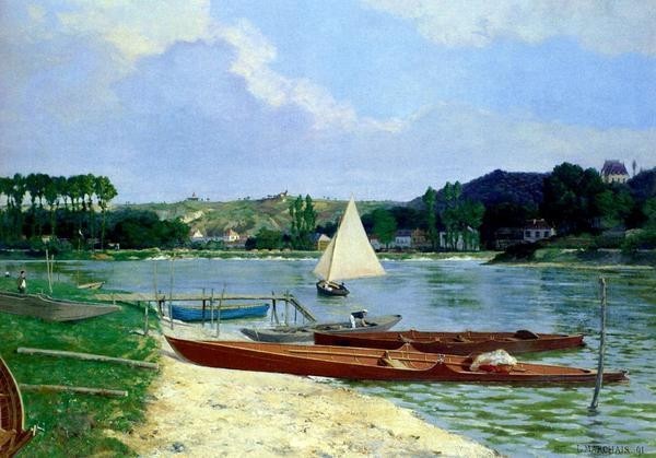 衝撃特価 油絵 Marchais Lucien_ ボート MA745 自然、風景画