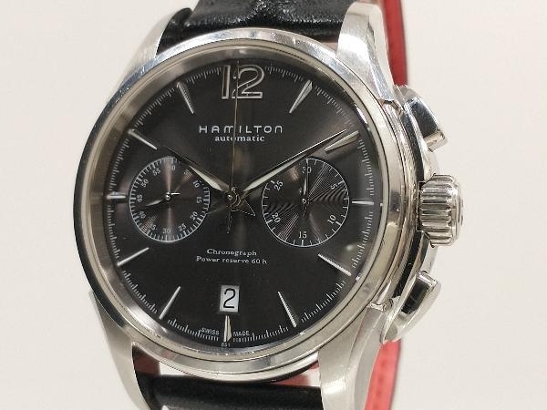 HAMILTON ハミルトン ずっと気になってた ジャズマスター クロノグラフ デイト H326060 自動巻き SS 2021年激安 ブラック×レッド 黒文字盤 レザー 裏スケ メンズ腕時計