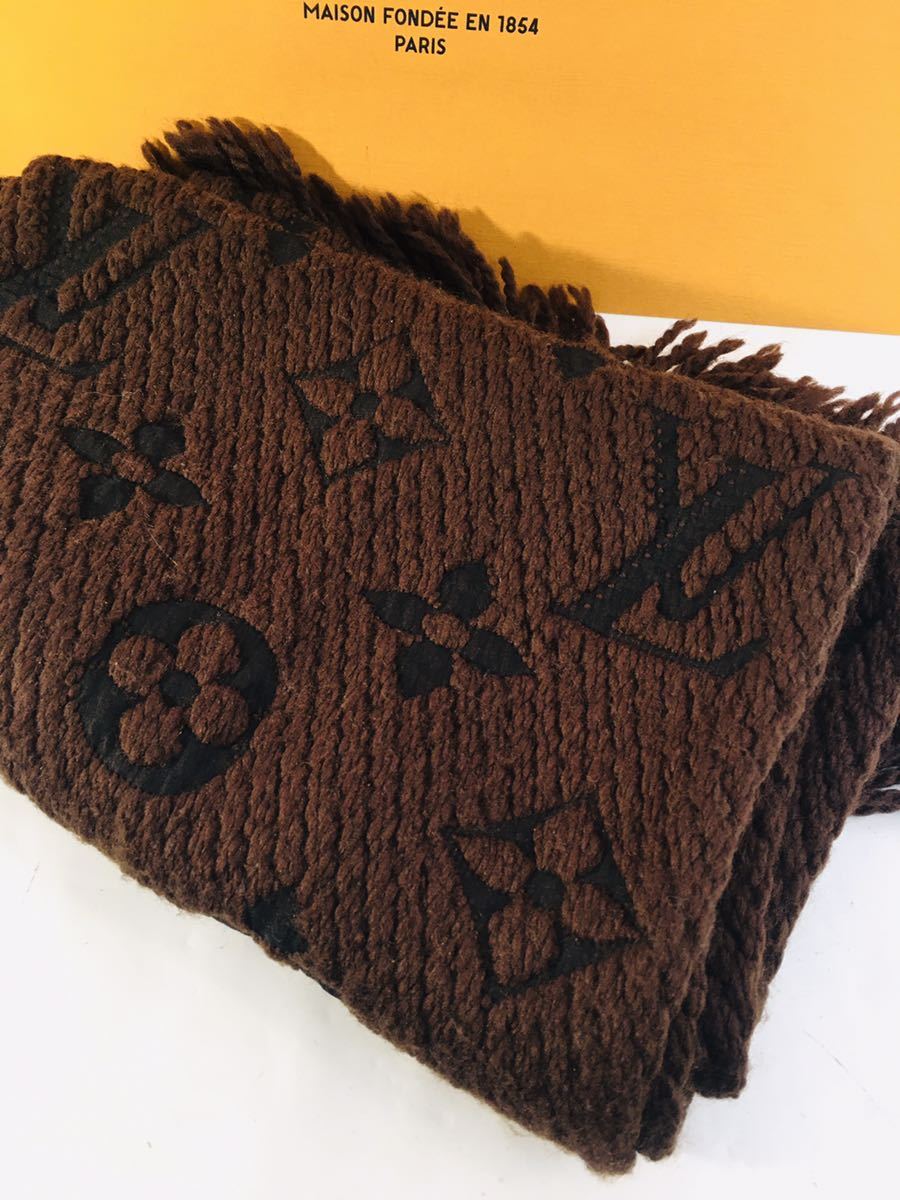 １円★ 美品 ルイヴィトン LOUIS VUITTON ヴィトンマフラー エシャルプロゴマニア ウール シルク混 マフラー ブラウン 茶 used 男女問わず_画像3