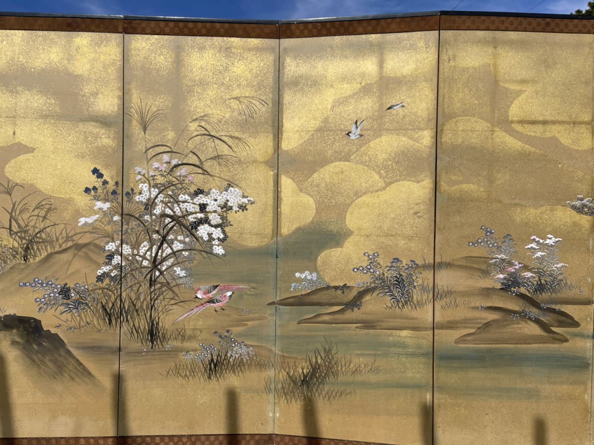 白鱗 金屏風花鳥の図 六曲 半双 肉筆 日本画 江戸 名家 屏風 金屏風 