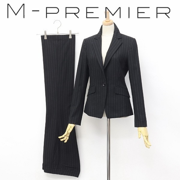 ◆M-PREMIER/エムプルミエ ストレッチ ストライプ柄 1釦 ジャケット＆パンツ スーツ セットアップ ブラック 34_画像1