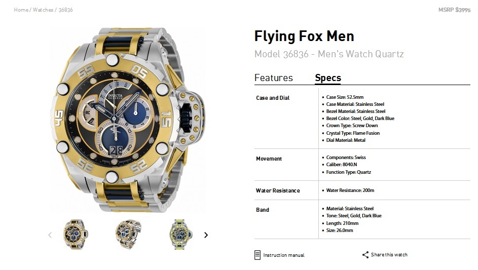 INVICTA インビクタ『Reserve Flying Fox 36836』☆電池式☆200m防水