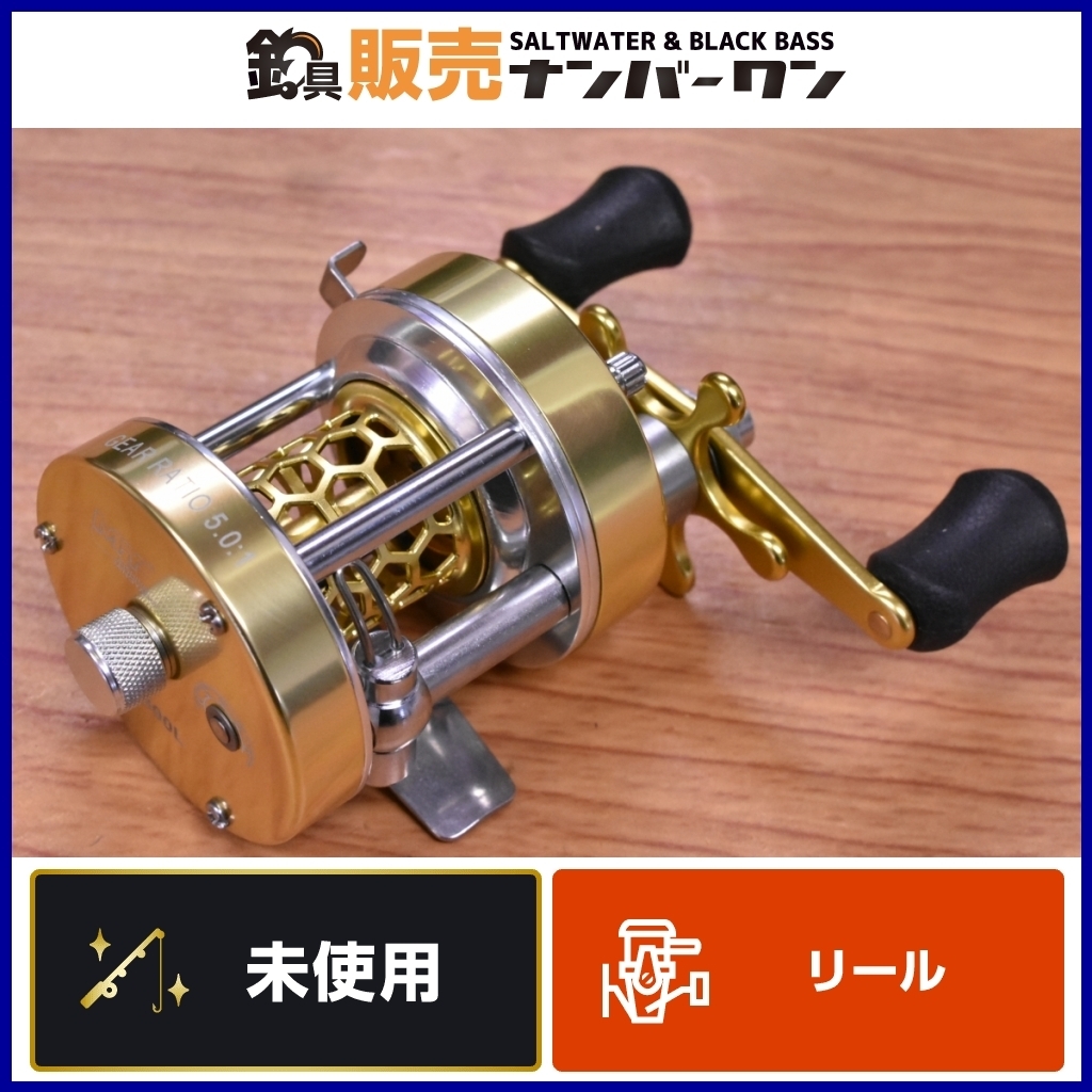 未使用☆】W300 丸形リール レフト 左ハンドル ゴールド ギア比 5.0:1