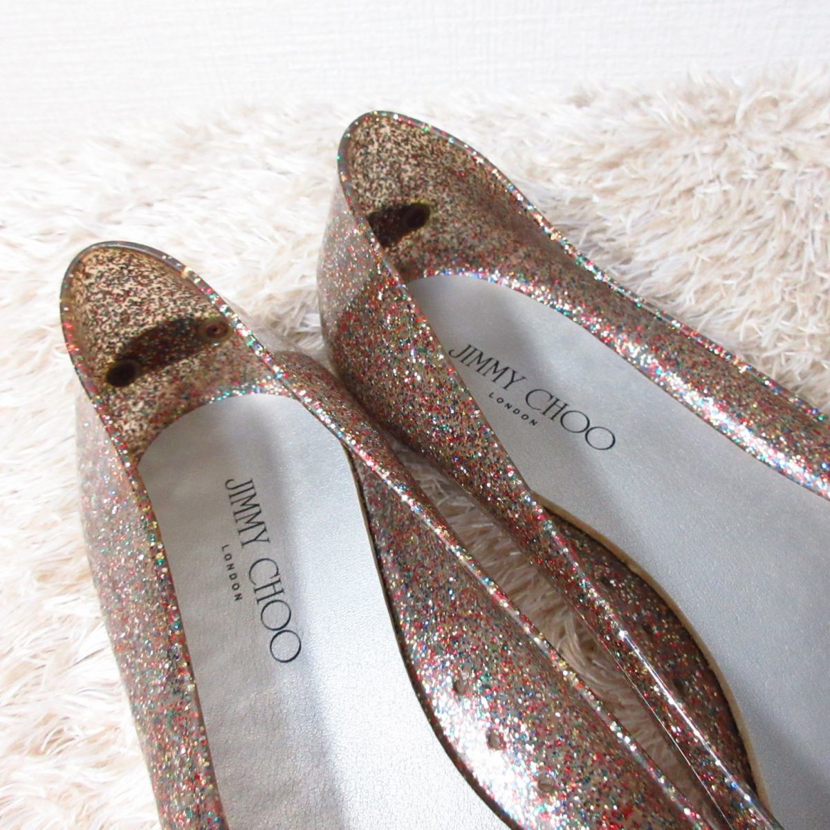 美品 JIMMY CHOO ジミーチュウ ラメ グリッター バックル スクエアトゥ
