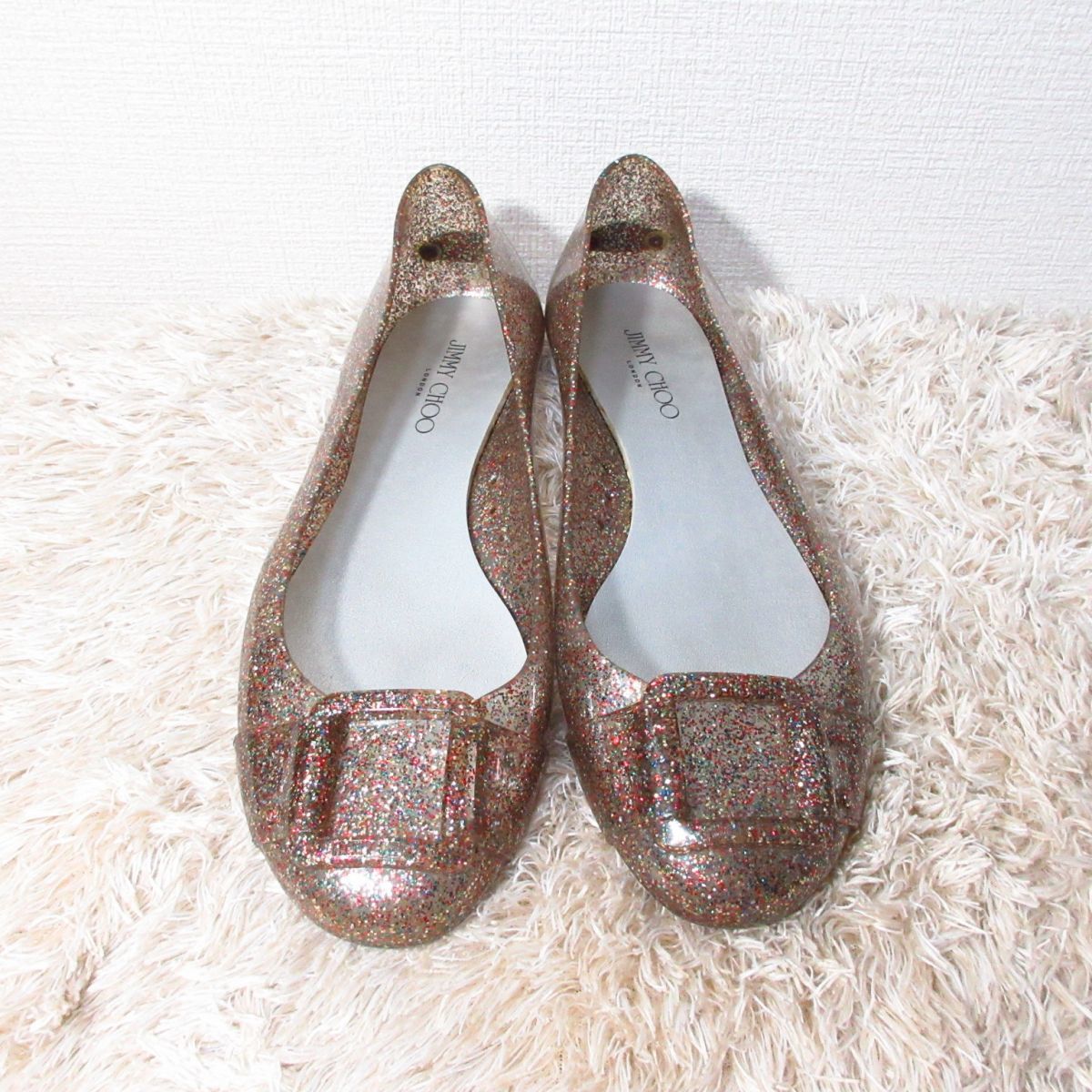 美品 JIMMY CHOO ジミーチュウ ラメ グリッター バックル スクエアトゥ
