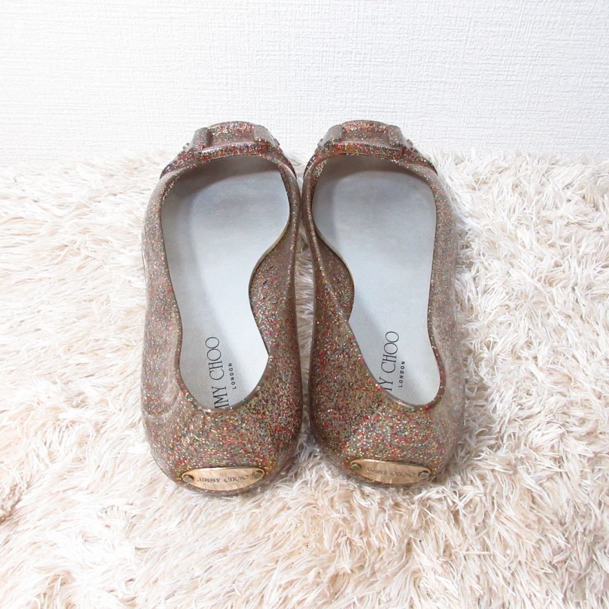 美品 JIMMY CHOO ジミーチュウ ラメ グリッター バックル スクエアトゥ