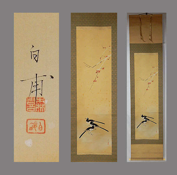 真作】□森白甫□紅梅鶺鴒図□二重箱□共箱□肉筆□掛軸□掛け軸□日本