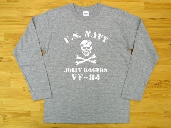 JOLLY ROGERS VF-84 杢グレー 5.6oz 長袖Tシャツ 白 3XL 大きいサイズ ミリタリー ジョリーロジャース スカル ドクロ U.S. NAVY_杢グレー（白色プリント）