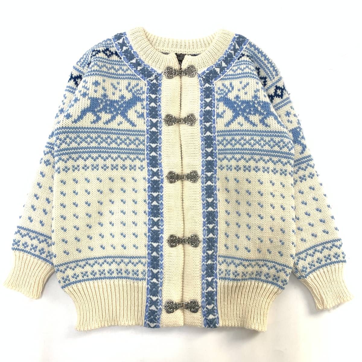 1794円 オープニング ☆DALE OF NORWAY ノルウェー製 ヴィンテージ 総柄 ノルディック柄 クルーネック ニットカーディガン ホワイト size8