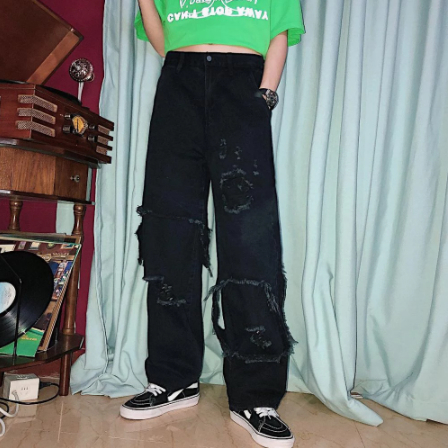 B224 ダメージルーズストレートデニムパンツ S-XL 2色 青 黒 ハイ