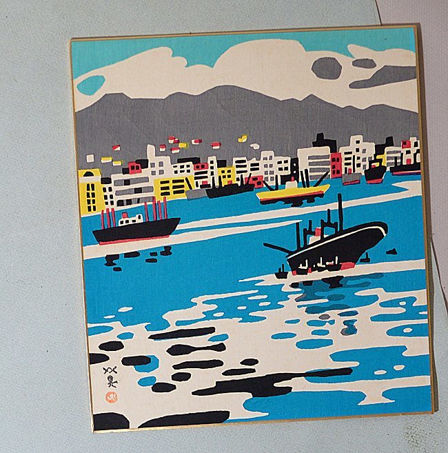 [ woodblock print ] river west britain Kobe . square fancy cardboard type ( extra attaching )