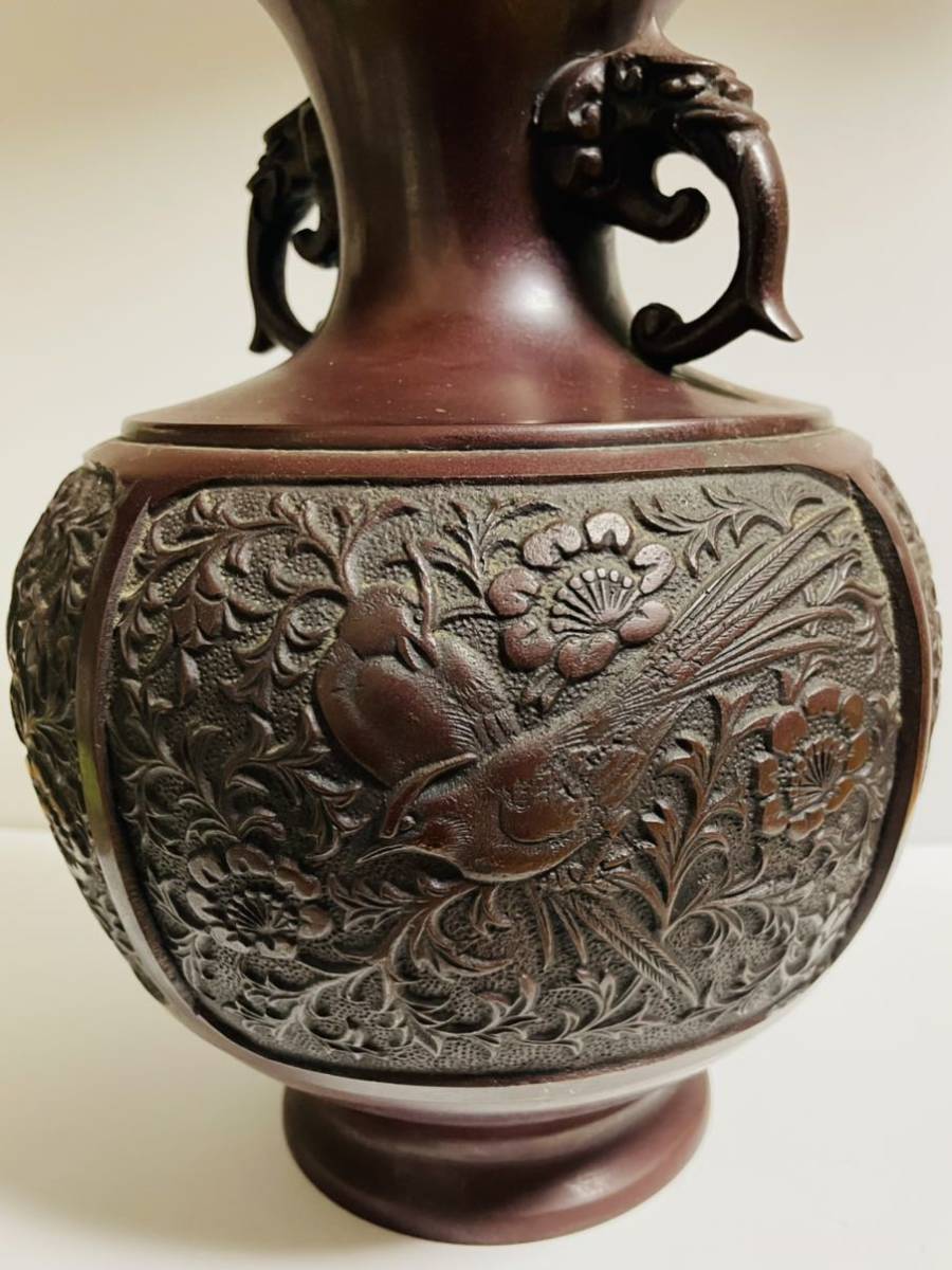 希少 ビンテージ 高岡銅器 竜耳瑞鳥 青銅 銅製 花瓶 龍... グッズ