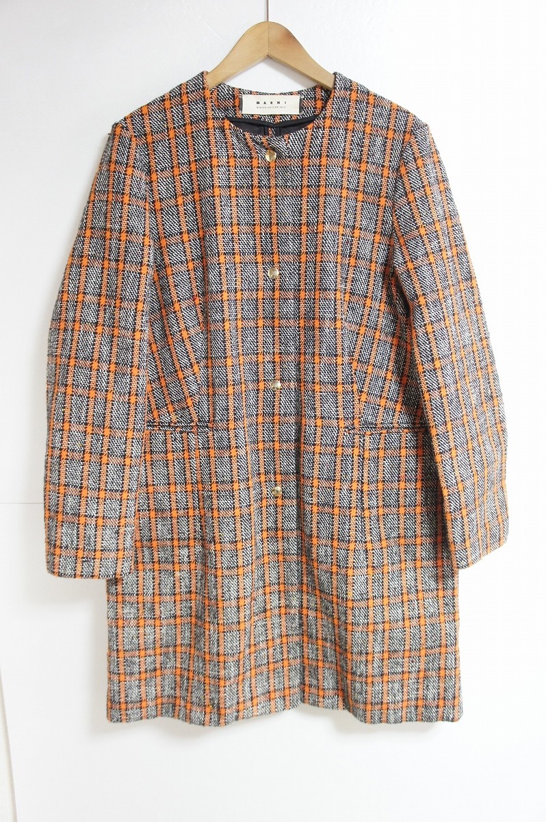 国内正規 12AW MARNI マルニ ノーカラー ツイード チェック コート