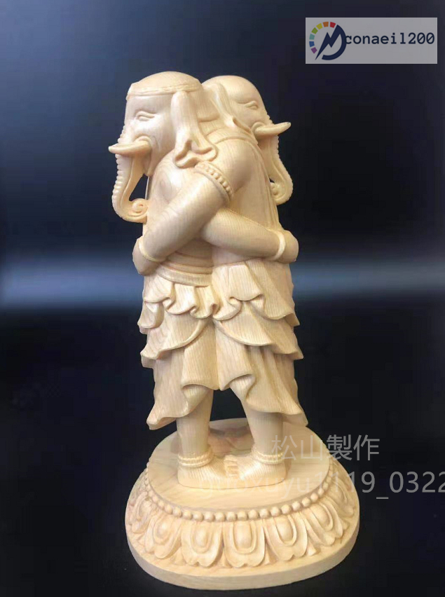 総檜材 木彫仏像 仏教美術 精密細工 歓喜天像 立像 高さ18cm_画像2