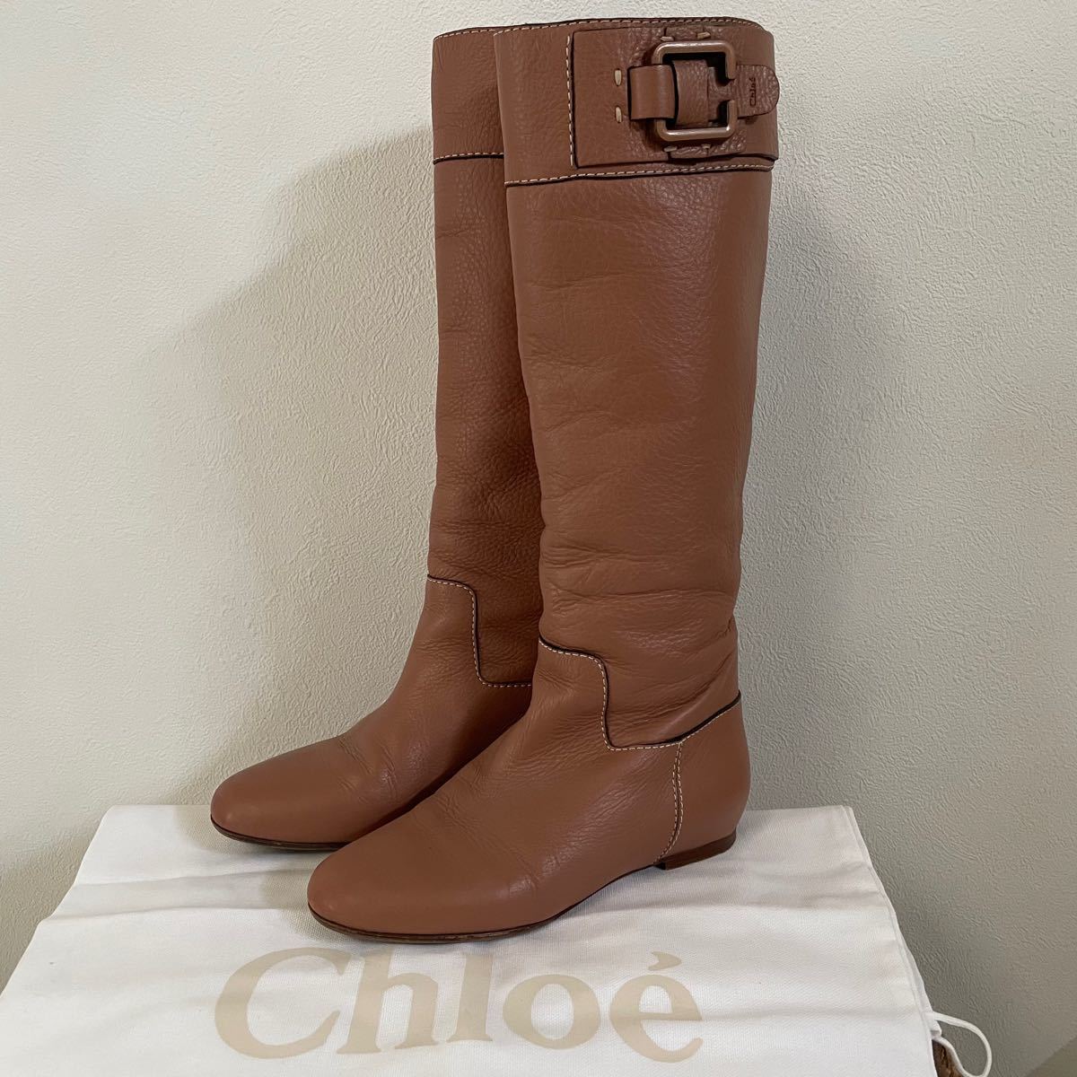 chloe クロエ　ぺたんこロゴレザーロングブーツ35 22-22.5 ブラウン