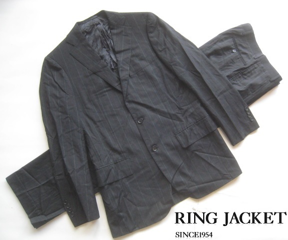 美品日本製!!リングヂャケット RING JACKET*ストライプ柄 ウール半段返り3つボタンスーツ 44 実寸S 濃いグレー