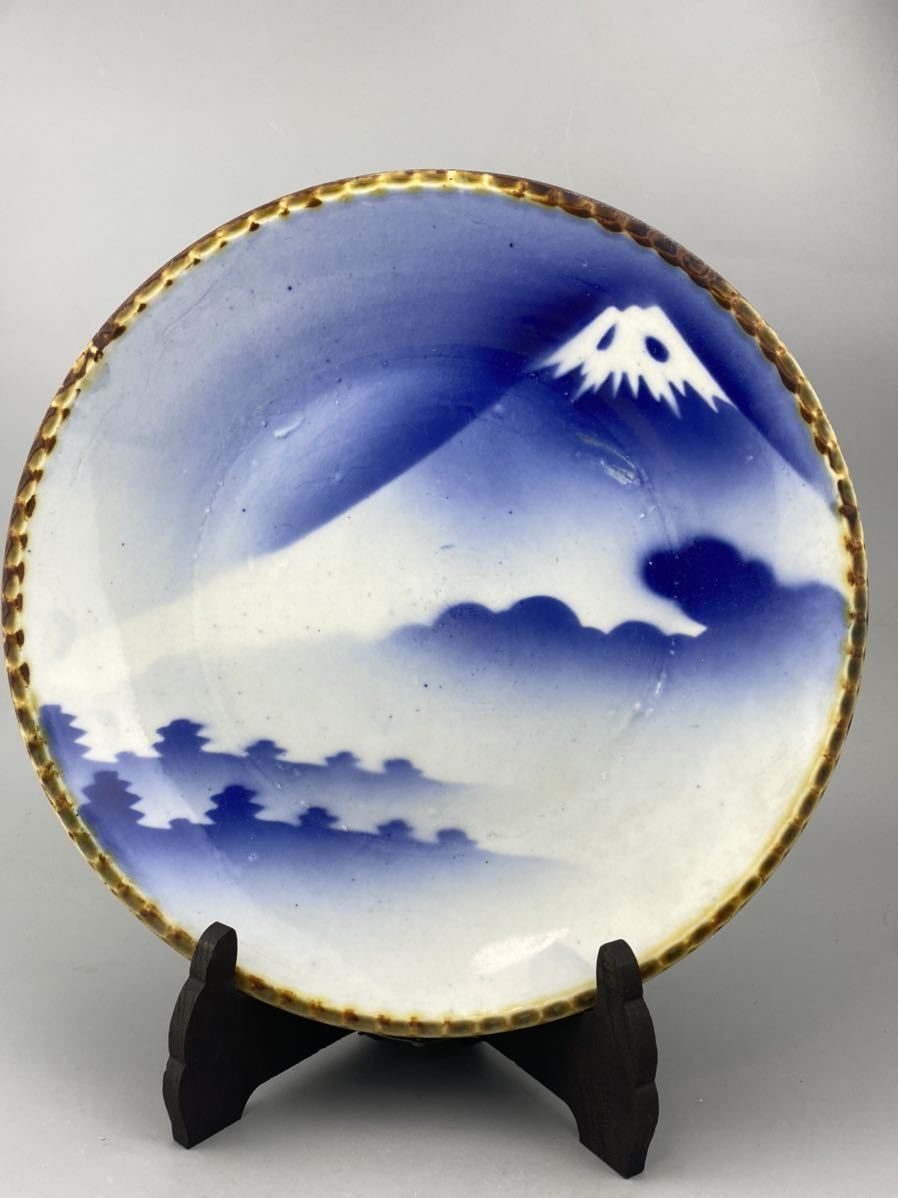 C832 江戸時代　染付　絵皿　飾り皿　陶芸　骨董　富士山図
