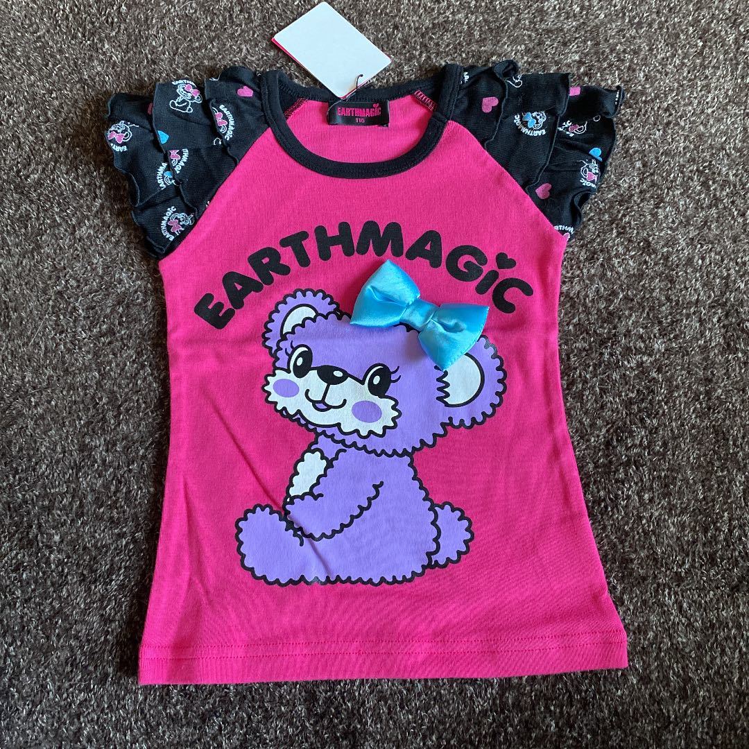 新品アースマジック　マフィちゃんフリル袖両プリ半袖Tシャツ110センチ　バックプリント EARTHMAGIC