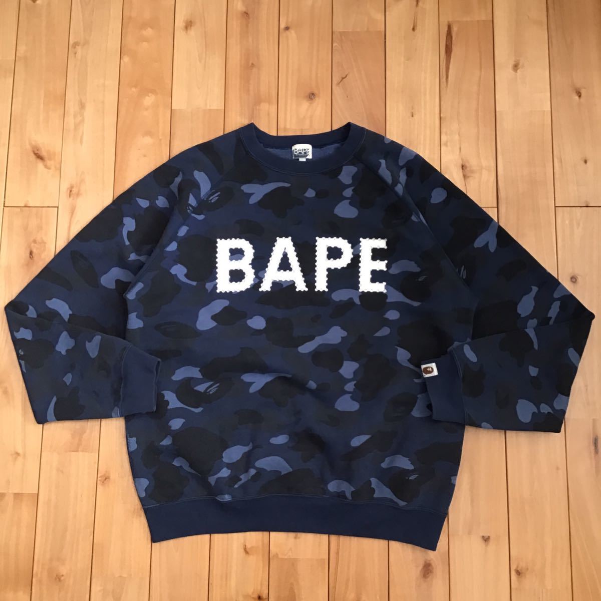 スワロフスキー BAPE logo 長袖 スウェット Mサイズ a bathing ape swarovski sweat ラインストーン エイプ ベイプ blue camo 迷彩 d40