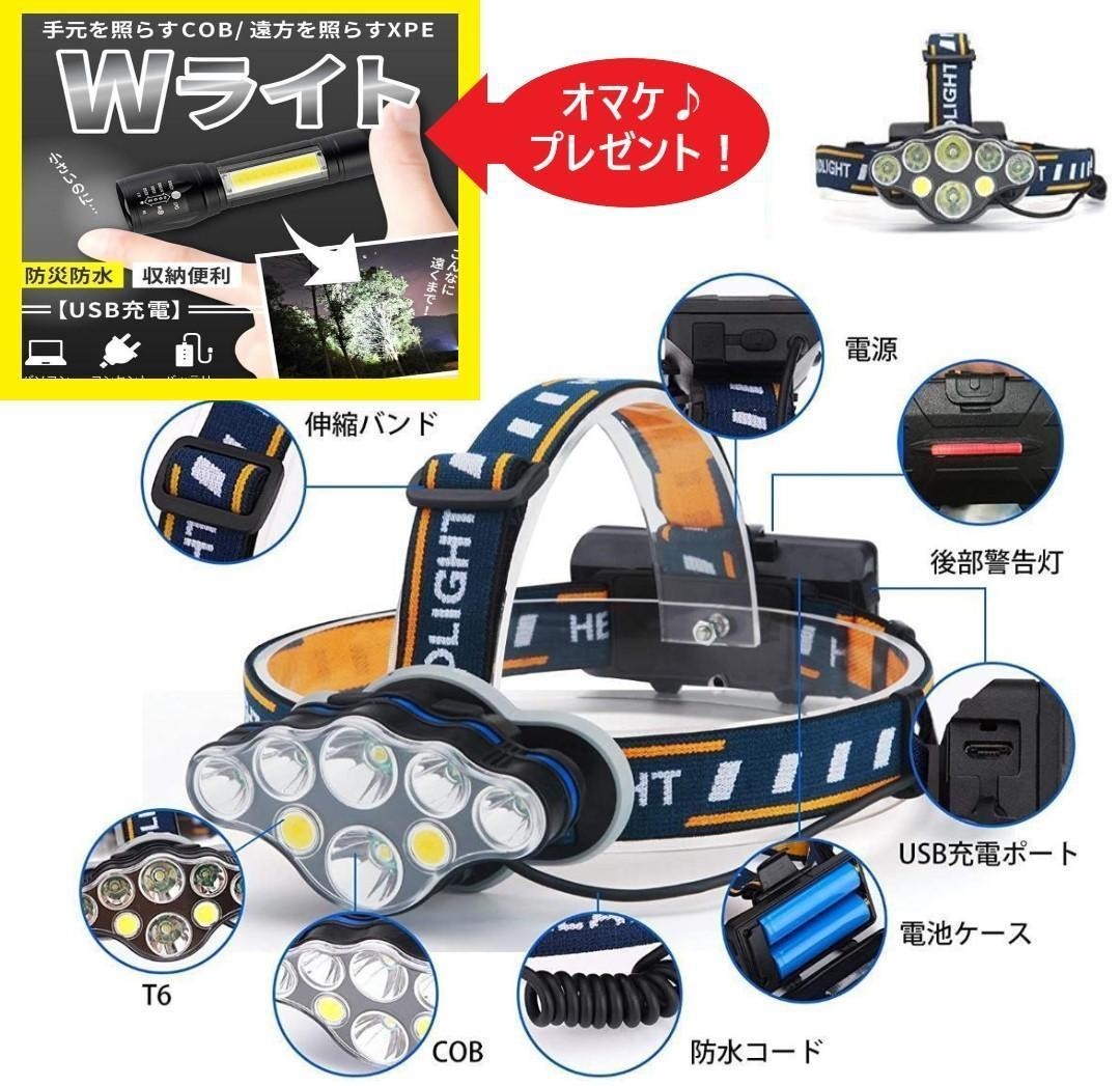 人気商品 8LEDランプ搭載☆オマケ付き☆ 防水 LED ヘッドライト USB充電式 大容量バッテリー