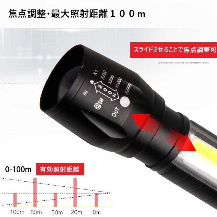 人気商品 【４個セット】巨大COB 搭載 LED ペンライト 懐中電灯 ハンディライト ３モード USB 充電 防水 ズーム キャンプ アウトドア