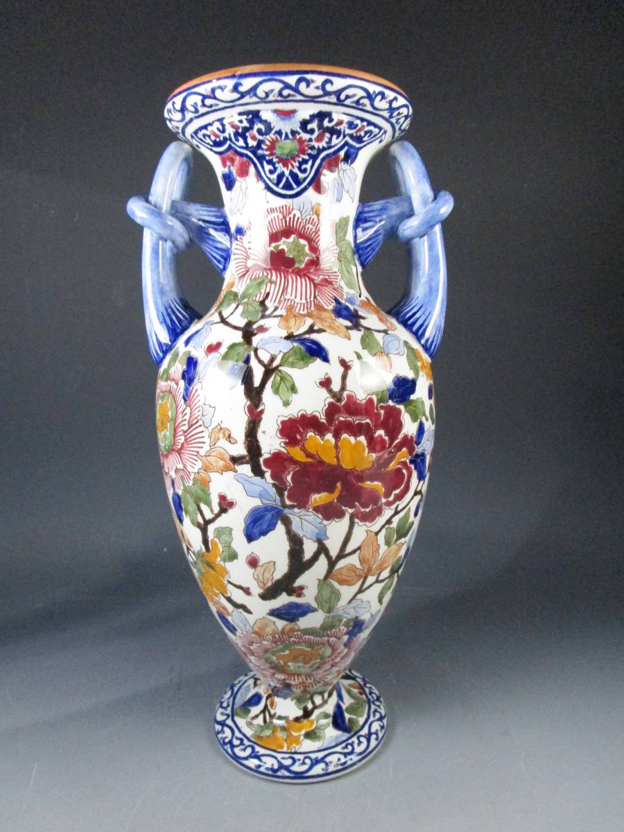 フランス製 GIEN ジアン 耳付き 大型 フラワーベース 花瓶 西洋陶磁器 高40cm（約）
