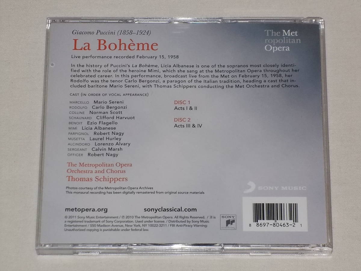 THOMAS SCHIPPERS/CD2枚組 PUCCINI: LA BOHEME/シッパーズ プッチーニ：ラ・ボエーム アルバネーゼLicia Albanese ベルゴンツィBergonzi_画像2