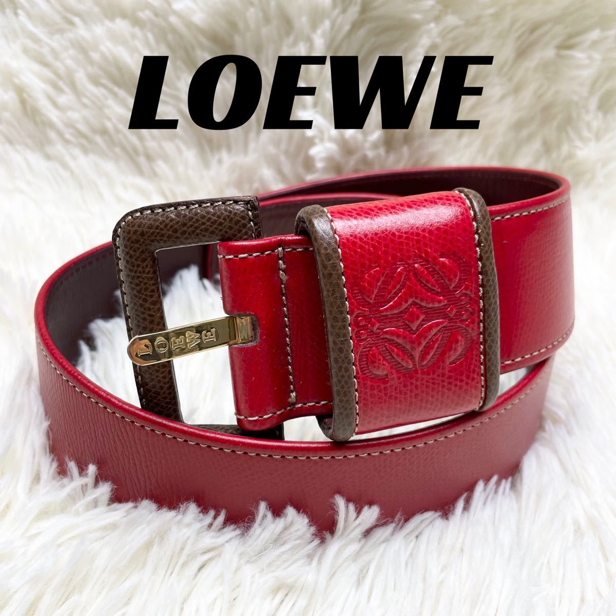 良品】LOEWE ロエベ レディースベルト レッド×ボルドー アナグラム