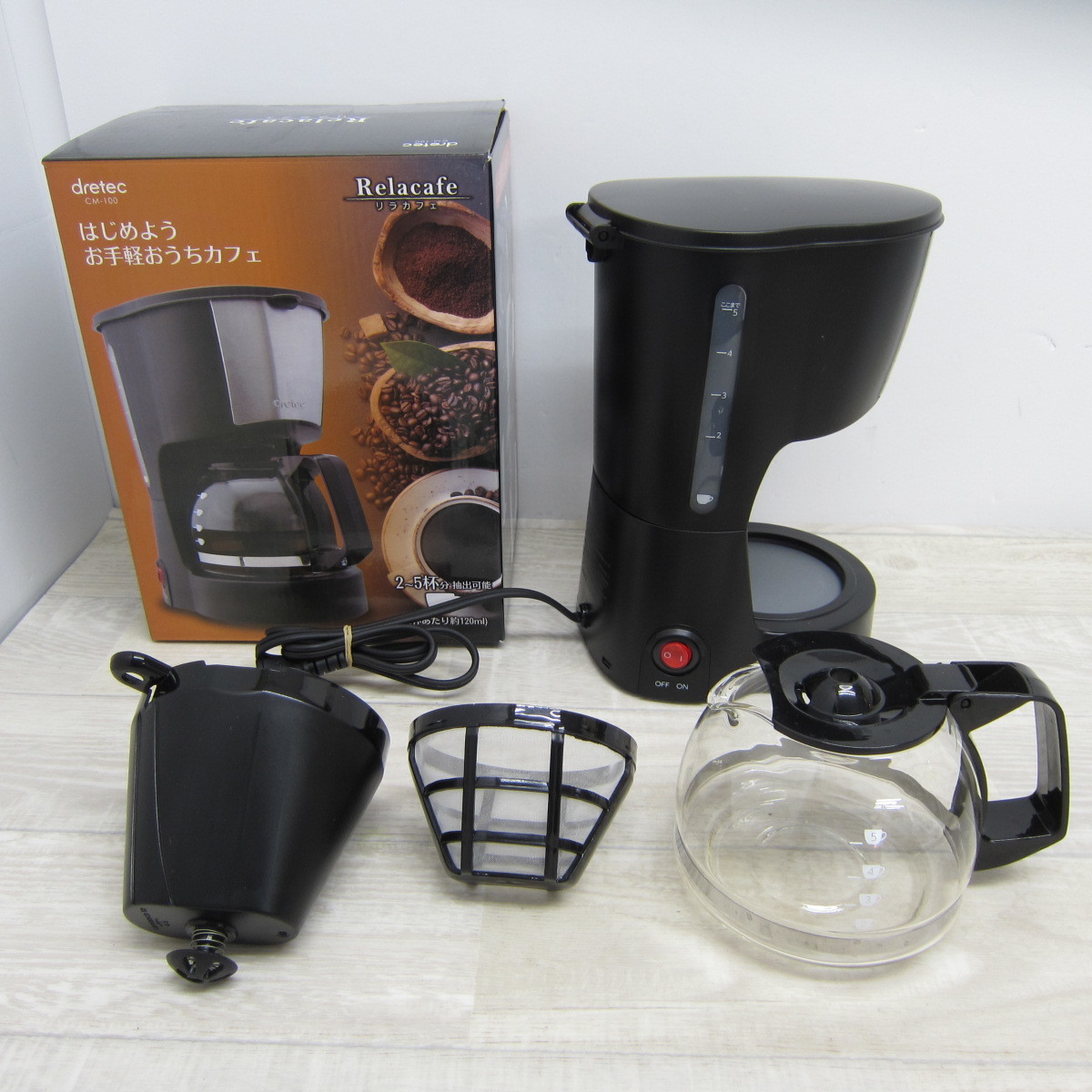 PB2375【美品】dretec(ドリテック) コーヒーメーカー 自動 保温機能付き ガラスポット付き リラカフェ ブラック CM-100BK
